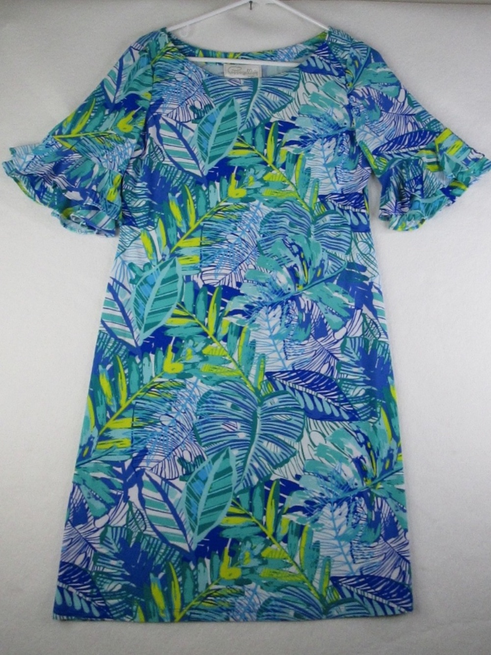 Pappagallo Dress Women's Small Blue Green White Tropical Resort Style Ruffle